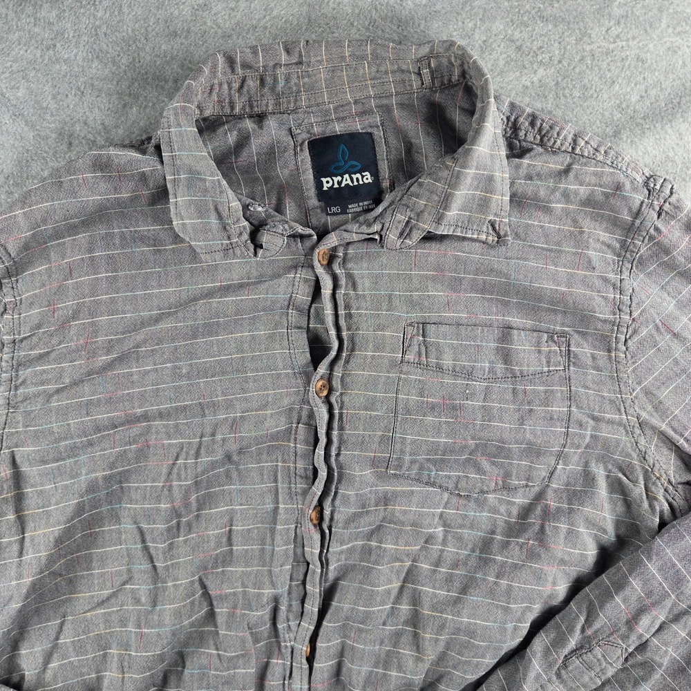 prAna Button Down Shirt Mens Large Grey Multi Color Stripe Long Sleeve Casual
